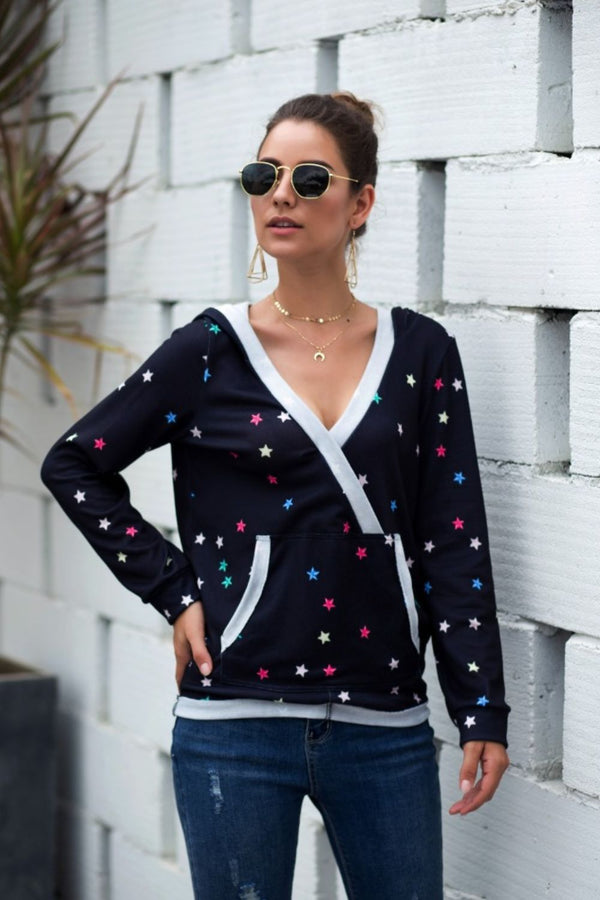 Star Print Kangaroo Pocket Hoodie-Teresa's Fashionista LLC