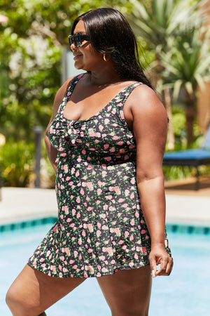 Marina West Swim Full Size Clear Waters Swim Dress in Black Roses-Teresa's Fashionista LLC