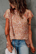 Floral Flutter Sleeve Frill Trim Blouse-Teresa's Fashionista LLC