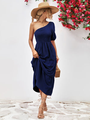 Smocked One-Shoulder Midi Dress-Teresa's Fashionista LLC