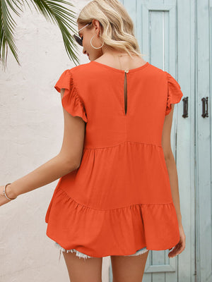 Round Neck Flutter Sleeve Tiered Blouse-Teresa's Fashionista LLC