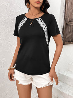 Lace Trim Contrast Waffle-Knit Top-Teresa's Fashionista LLC