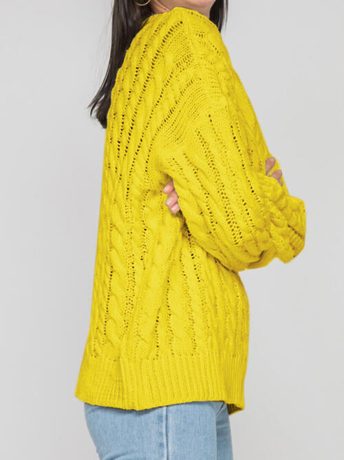 Openwork Round Sleeve Cable-Knit Sweater-Teresa&#39;s Fashionista LLC