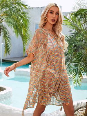 Multicolored Openwork Tassel Slit Cover-Up-Teresa's Fashionista LLC