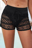 Full-size drawstring waist swim shorts with openwork lace, solid pattern, and moderate stretch.