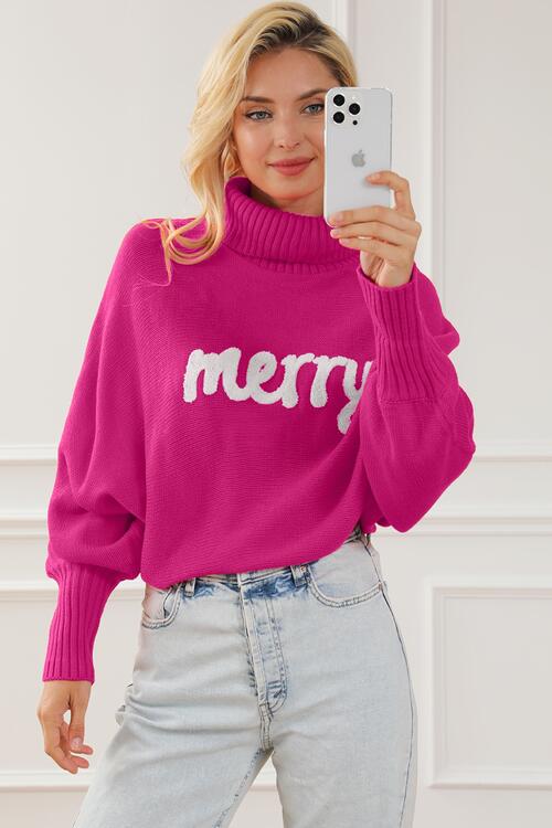 Merry Letter Embroidered High Neck Sweater-Teresa&#39;s Fashionista LLC