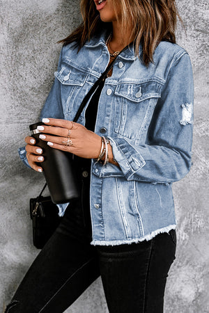 Distressed Raw Hem Denim Jacket-Teresa's Fashionista LLC