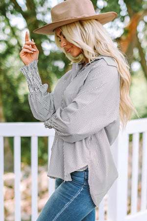 Striped Lantern Sleeve Collared Shirt-Teresa's Fashionista LLC