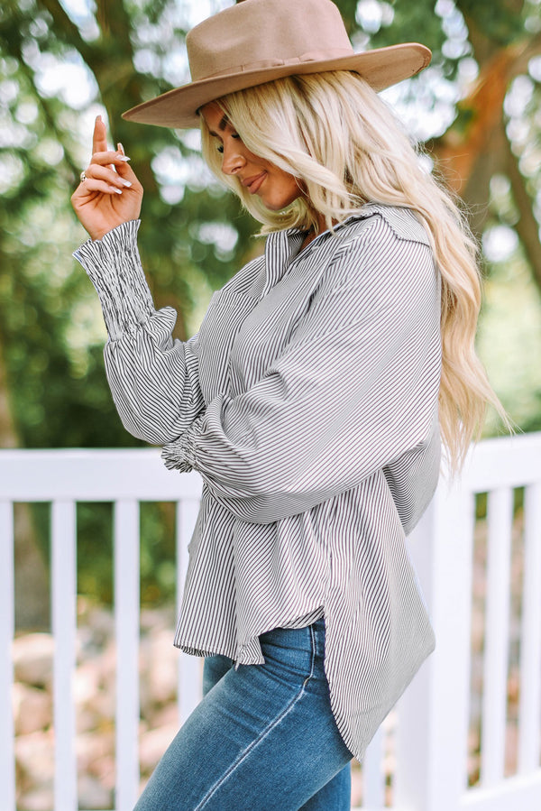 Striped Lantern Sleeve Collared Shirt-Teresa's Fashionista LLC