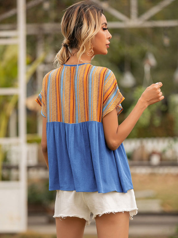 Striped Tie Neck Short Sleeve Blouse-Teresa's Fashionista LLC