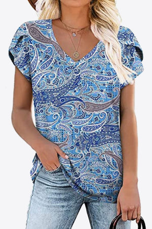 Printed Petal Sleeve V-Neck Blouse-Teresa's Fashionista LLC