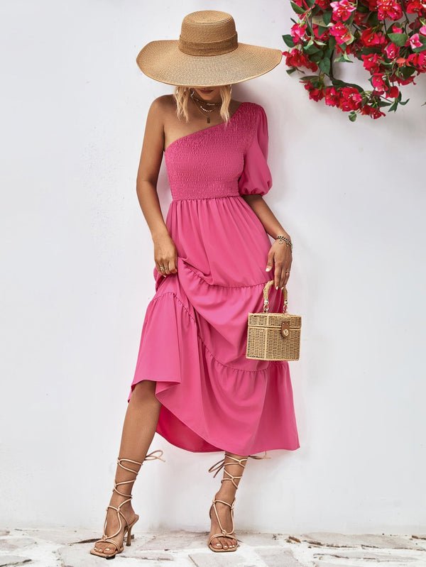 Smocked One-Shoulder Midi Dress-Teresa's Fashionista LLC