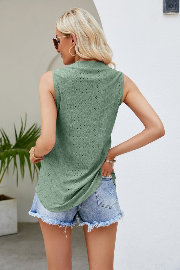Notched Neck Curved Hem Eyelet Tank-Teresa's Fashionista LLC