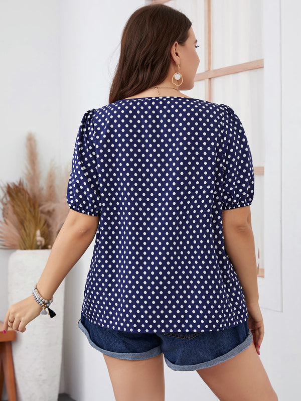 Plus Size Polka Dot Square Neck Blouse-Teresa's Fashionista LLC