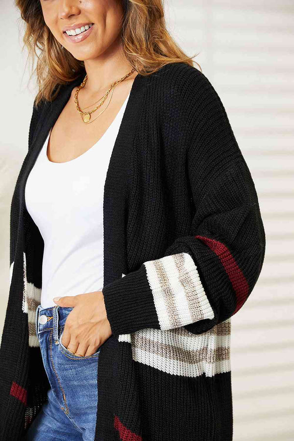 Double Take Striped Rib-Knit Drop Shoulder Open Front Cardigan-Teresa's Fashionista LLC