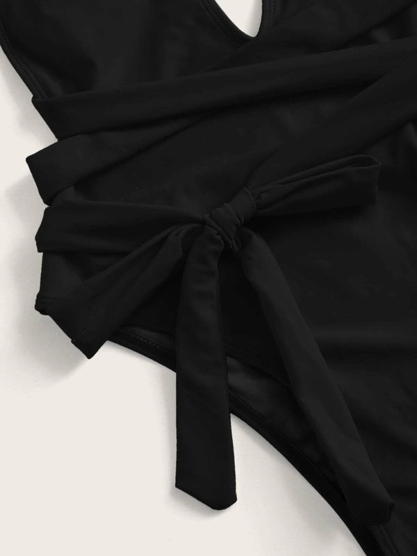 Halter Neck Deep V Tied One-Piece Swimsuit-Teresa's Fashionista LLC