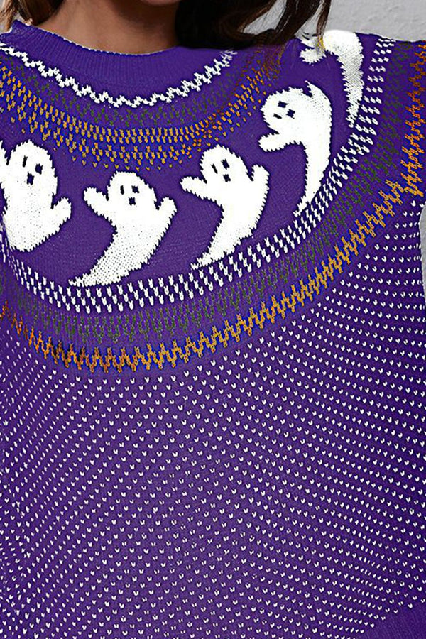 Ghost Pattern Round Neck Long Sleeve Sweater-Teresa's Fashionista LLC