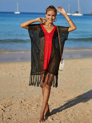 Contrast Fringe Trim Openwork Cover-Up Dress-Teresa's Fashionista LLC