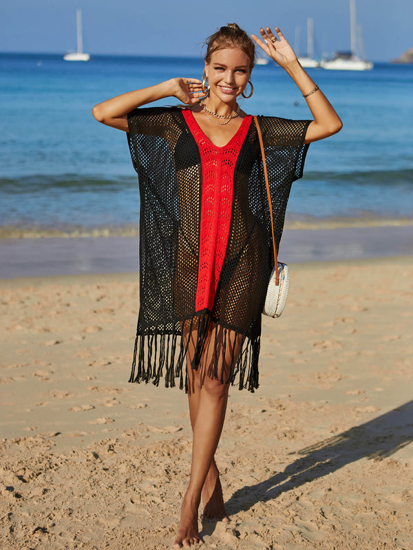 Contrast Fringe Trim Openwork Cover-Up Dress-Teresa's Fashionista LLC