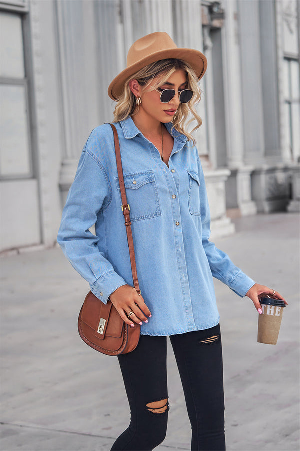Collared Neck Dropped Shoulder Denim Top-Teresa's Fashionista LLC