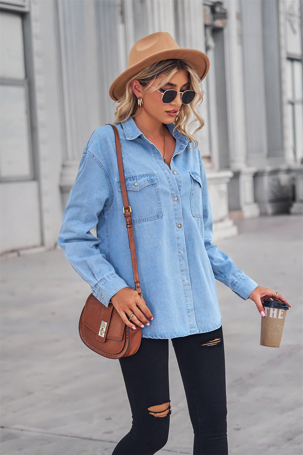 Collared Neck Dropped Shoulder Denim Top-Teresa&#39;s Fashionista LLC