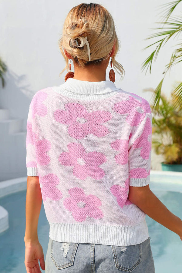 Floral Johnny Collar Half Sleeve Knit Top-Teresa's Fashionista LLC