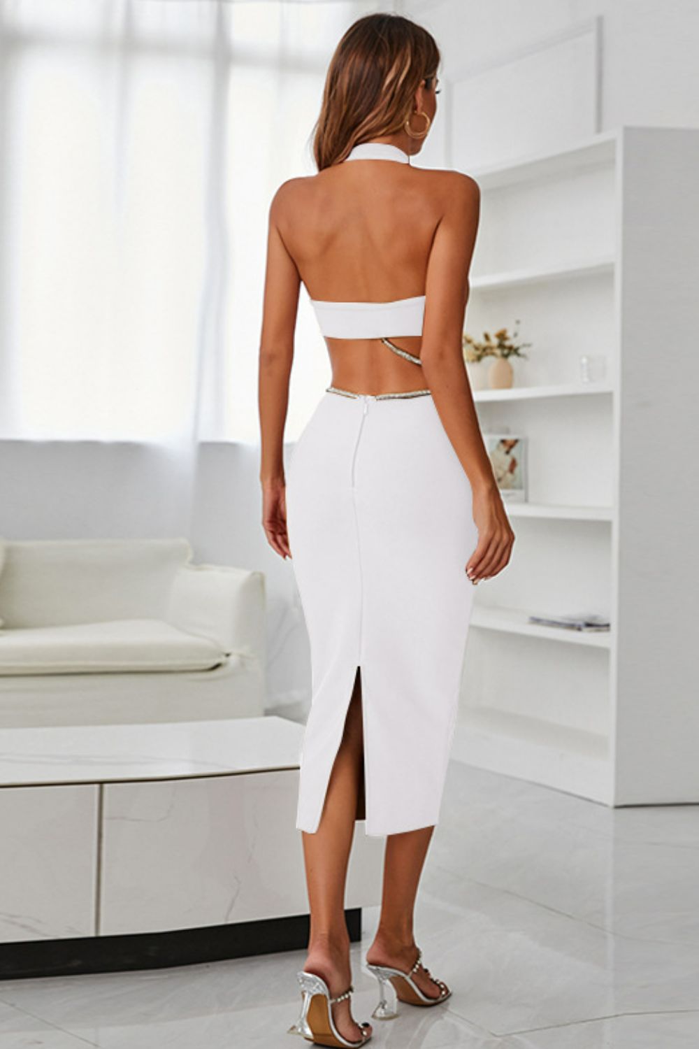 Rhinestone halter neck cutout slit midi dress in solid white, sleeveless and highly stretchy fabric, ideal for formal occasions.