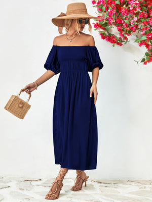 Off-shoulder balloon sleeve midi dress in solid navy, featuring chic A-line silhouette and half puff sleeves.