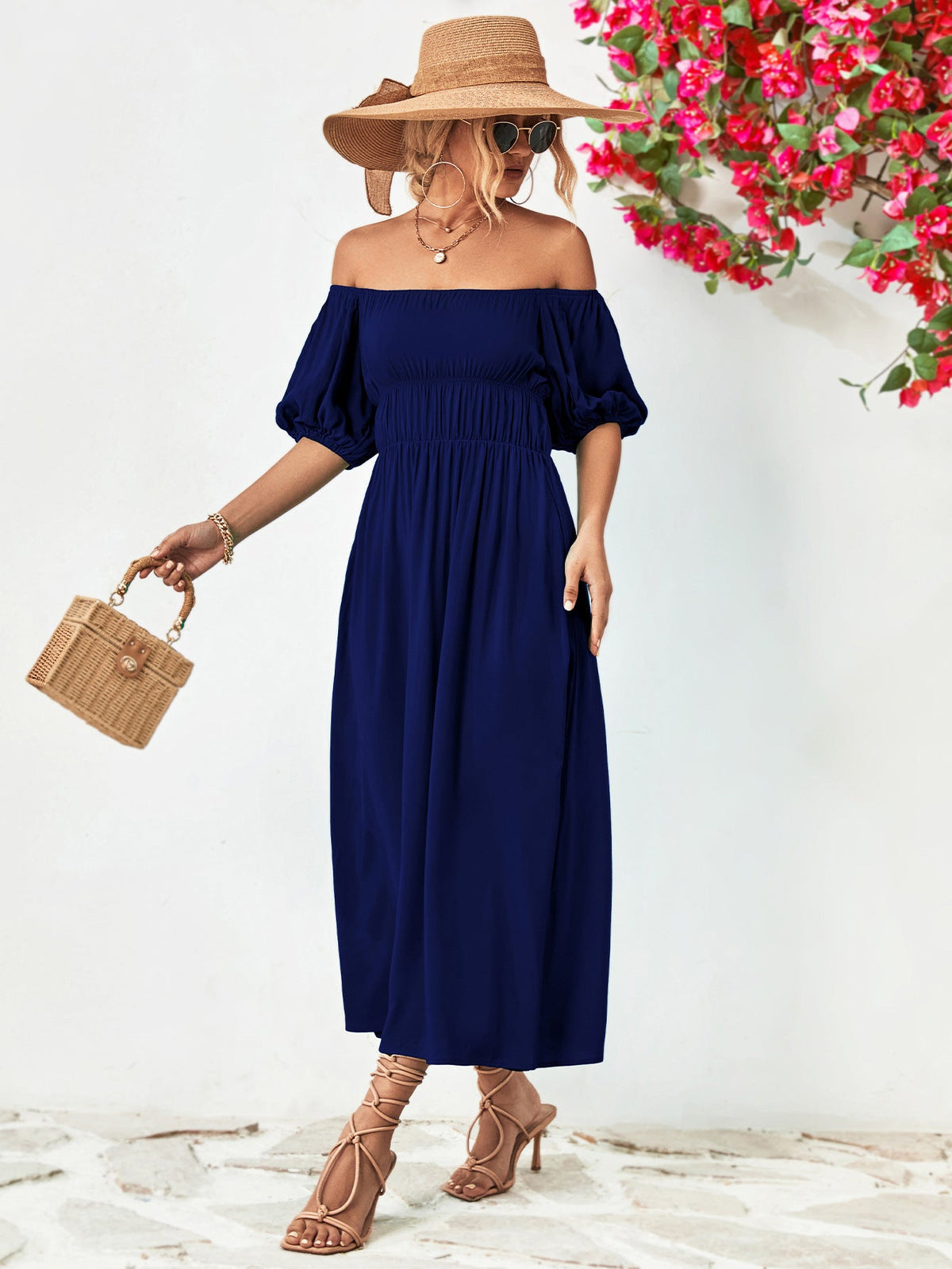 Off-shoulder balloon sleeve midi dress in solid navy, featuring chic A-line silhouette and half puff sleeves.