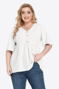 Plus Size Buttoned V-Neck Frill Trim Babydoll Blouse-Teresa's Fashionista LLC