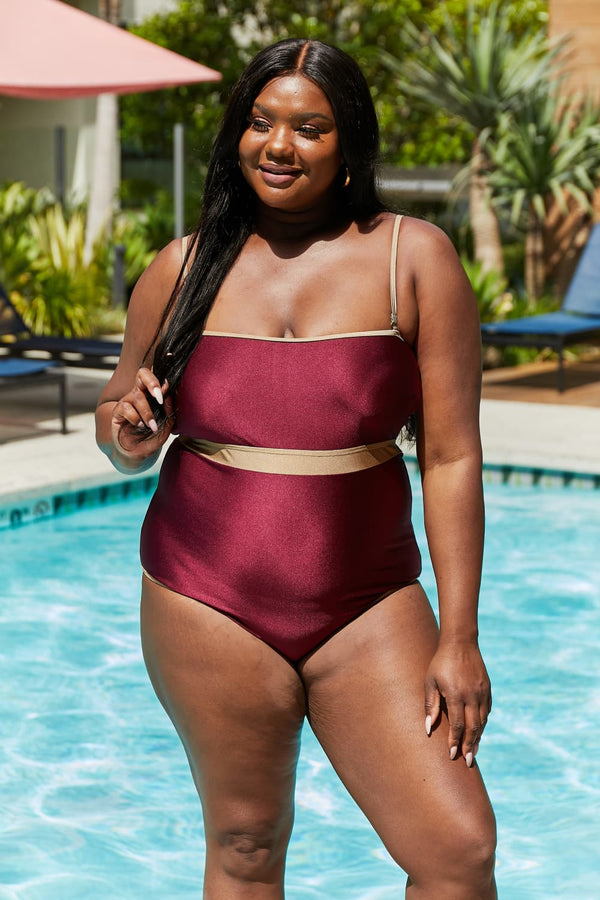 Marina West Swim Wave Break Contrast Trim One-Piece in Wine-Teresa's Fashionista LLC