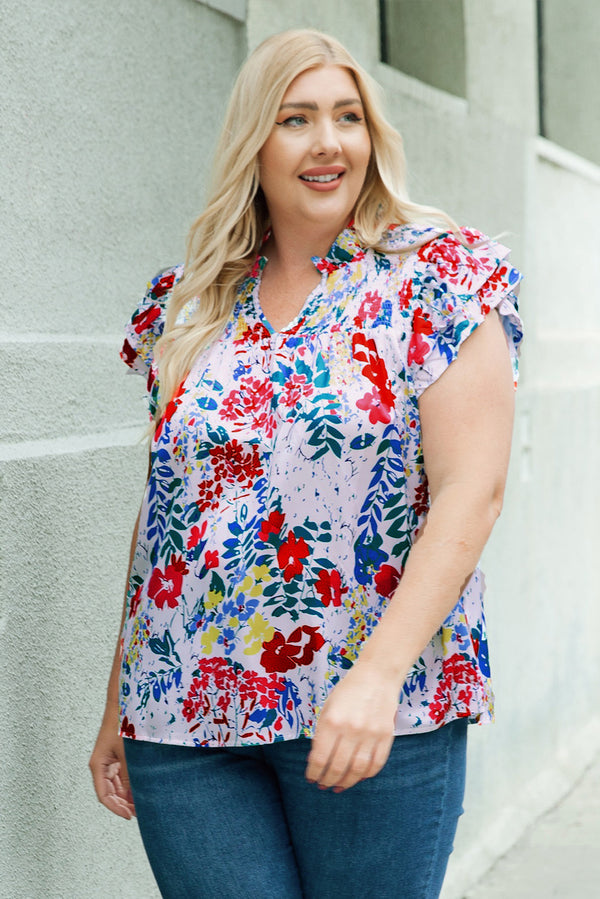 Plus Size Floral Smocked Flutter Sleeve Blouse-Teresa's Fashionista LLC