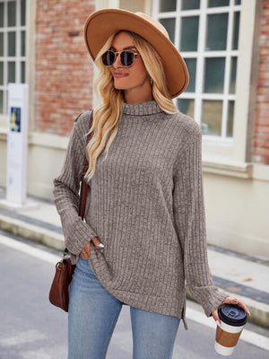 Ribbed Turtleneck Long Sleeve Slit Knit Top-Teresa's Fashionista LLC