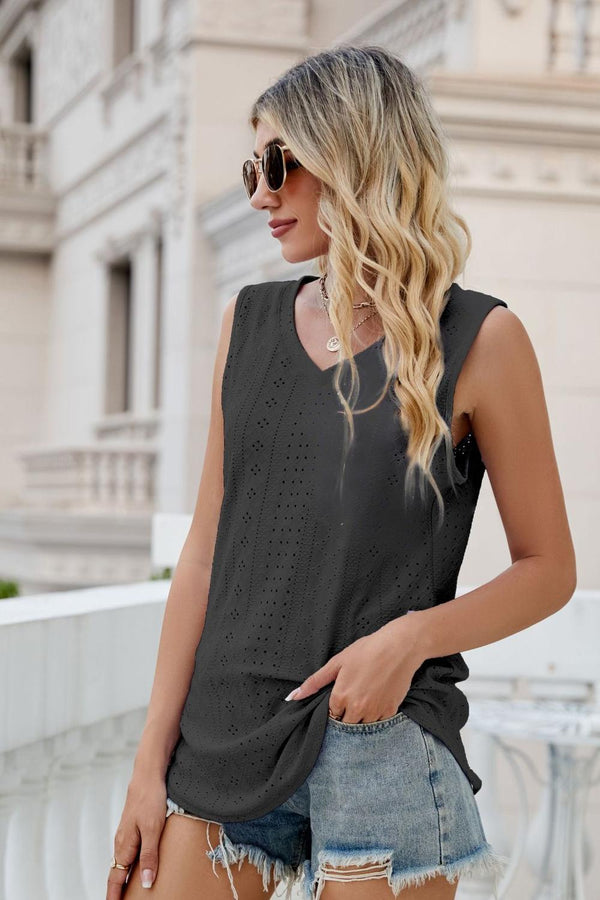 Eyelet V-Neck Tank-Teresa's Fashionista LLC