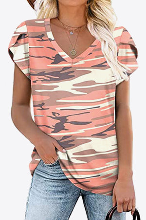 Printed Petal Sleeve V-Neck Blouse-Teresa's Fashionista LLC