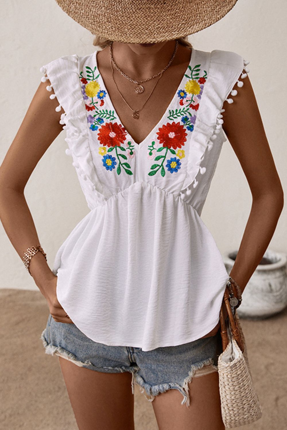 Embroidered Pom-Pom Trim Cap Sleeve Babydoll Top-Teresa&#39;s Fashionista LLC