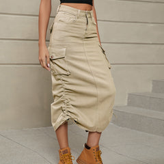 Drawstring Ruched Slit Denim Midi Skirt-Teresa's Fashionista LLC