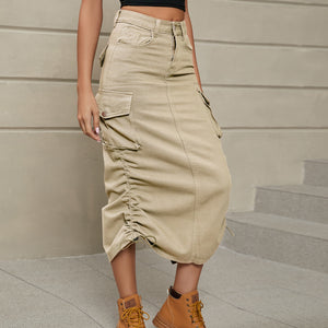 Drawstring Ruched Slit Denim Midi Skirt-Teresa's Fashionista LLC