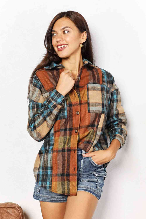 Double Take Plaid Curved Hem Shirt Jacket with Breast Pockets-Teresa's Fashionista LLC