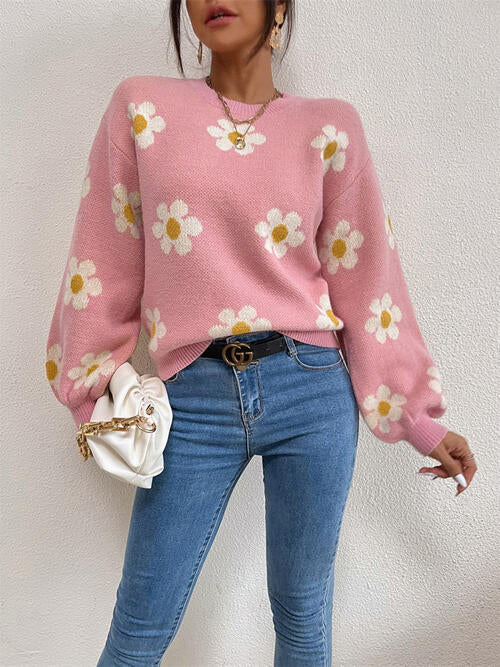 Flower Round Neck Latern Sleeve Sweater-Teresa&#39;s Fashionista LLC