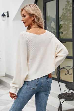 Boat Neck Horizontal Ribbing Dolman Sleeve Sweater-Teresa's Fashionista LLC