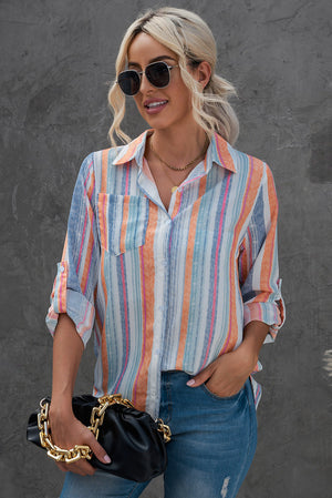 Striped Button-Up Curved Hem Shirt with Breast Pocket-Teresa's Fashionista LLC