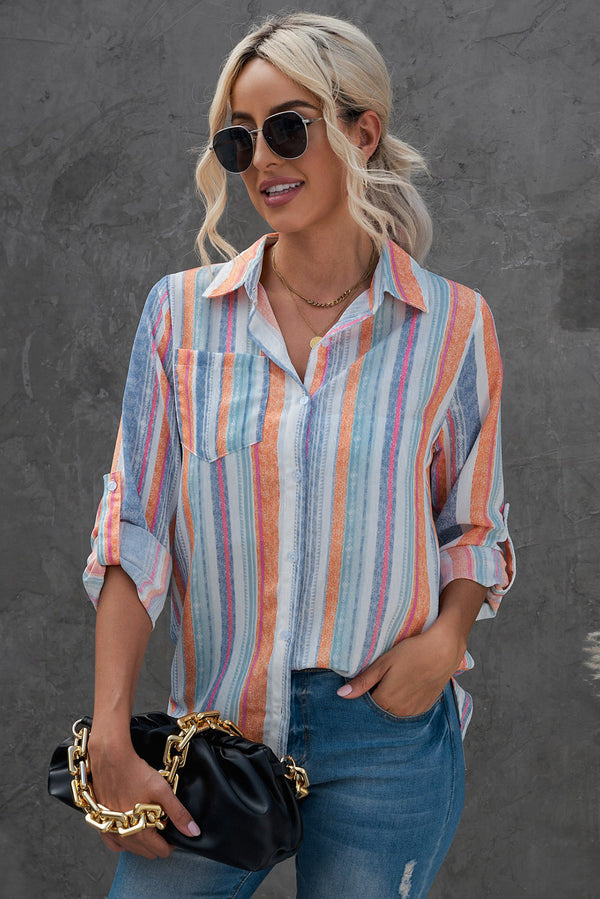 Striped Button-Up Curved Hem Shirt with Breast Pocket-Teresa's Fashionista LLC