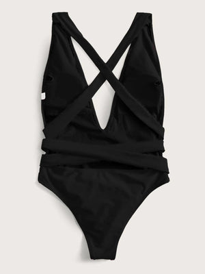 Halter Neck Deep V Tied One-Piece Swimsuit-Teresa's Fashionista LLC