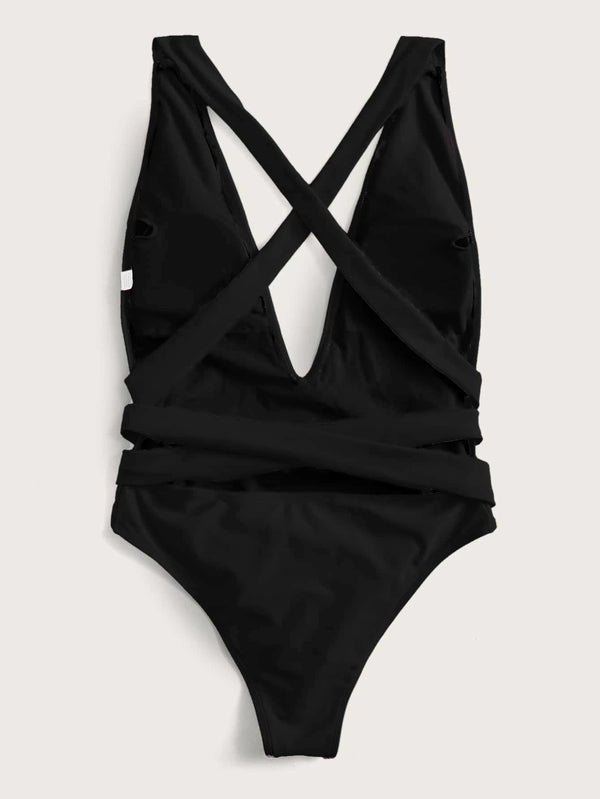 Halter Neck Deep V Tied One-Piece Swimsuit-Teresa's Fashionista LLC