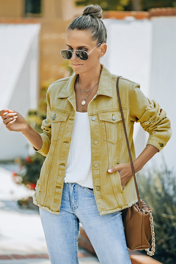 Distressed Raw Hem Denim Jacket-Teresa's Fashionista LLC