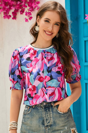 Floral Round Neck Puff Sleeve Top-Teresa's Fashionista LLC