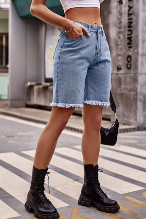 Raw Hem Denim Shorts with Pockets-Teresa's Fashionista LLC