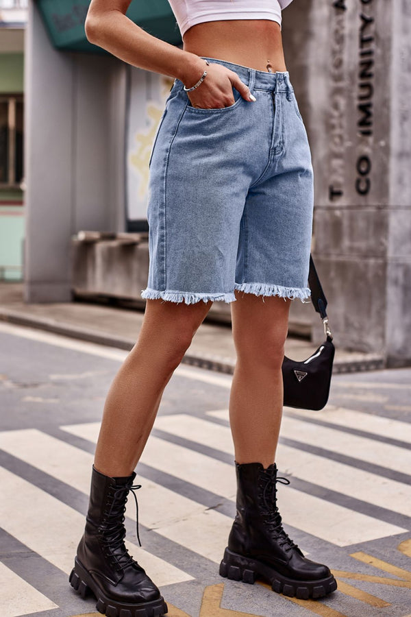 Raw Hem Denim Shorts with Pockets-Teresa's Fashionista LLC