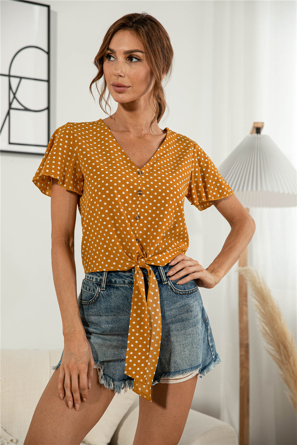 Decorative Button V-Neck Tied Blouse-Teresa's Fashionista LLC